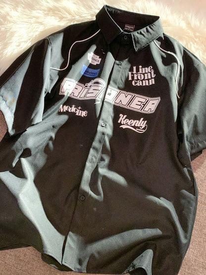 Cargo Short-sleeved Shirt New Summer Youth Casual Lapel Button Up Blouse Men Women Hip Hop Letter Print Racing Tee