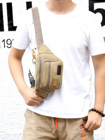 Thick canvas waist bag, outdoor leisure sports crossbody chest bag, men's portable change phone bag, multifunctional-A-DH