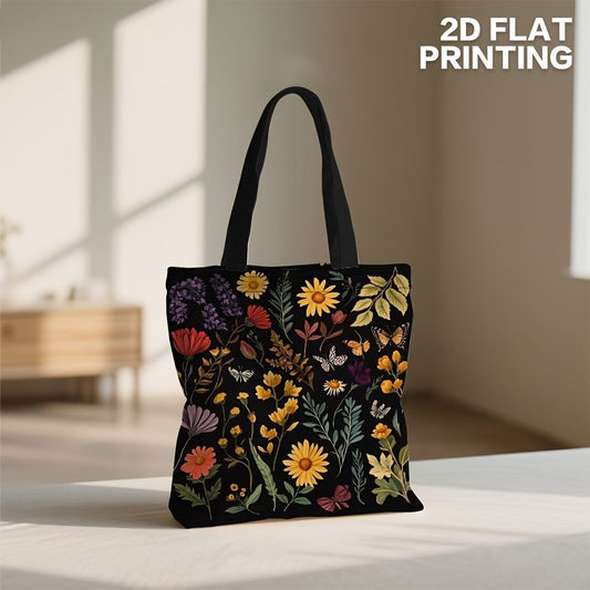 1pc Bold Floral Polyester Shoulder Bag – Vibrant Mixed Color Design with Autumn Flowers & Butterflies