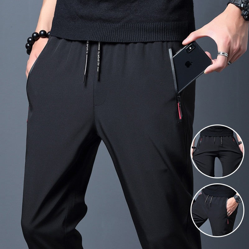 Calças casuais masculinas de verão de seda gelada de secagem rápida, corte slim, versão coreana, calças de seda gelada, calças esportivas, tubo reto, secagem rápida p