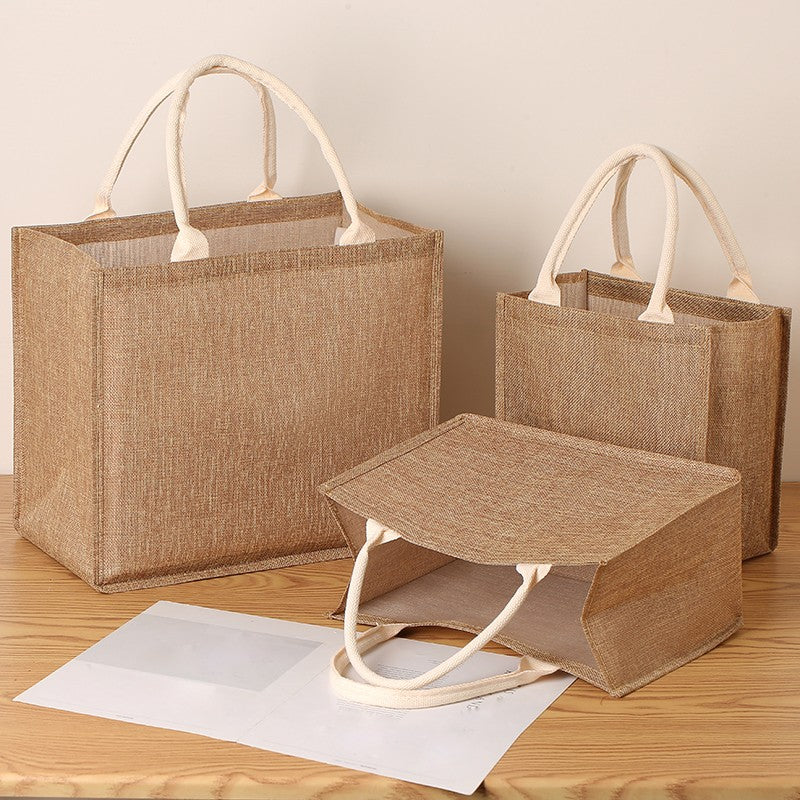 Solid color imitation linen women's handbag large capacity reusable eco-friendly shopping bag waterproof lining portable travel