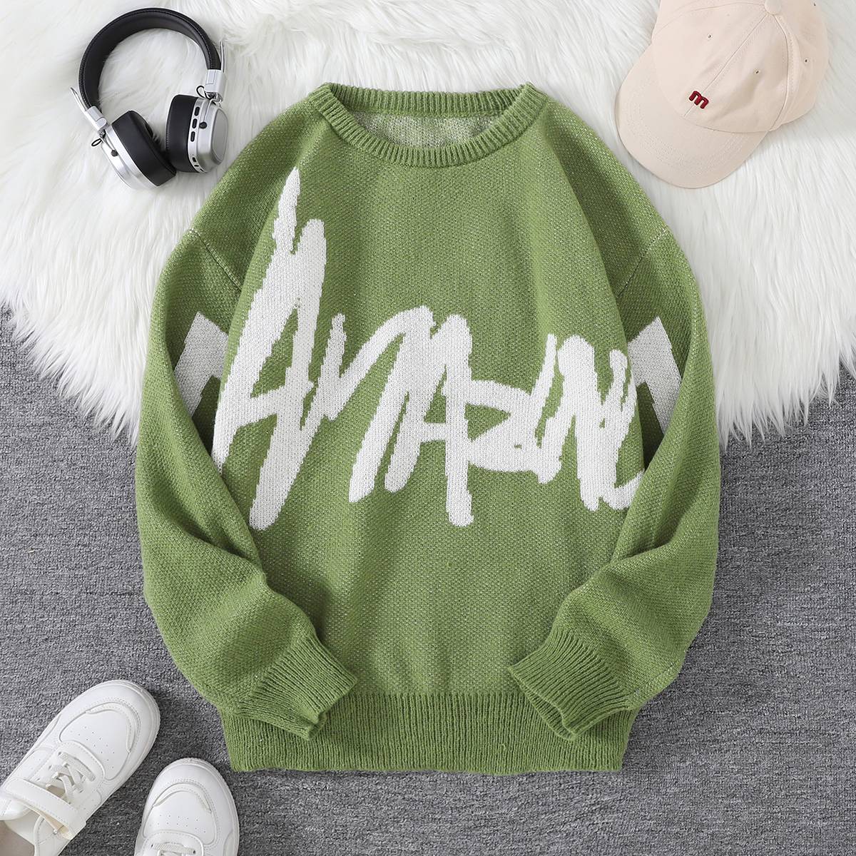 New Popular Spring Autumn Graffiti Jacquard Pattern Pullover Sweater Casual Round Neck Contrast Color Knitted Men's Pullover