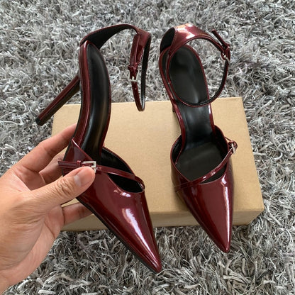 Sexy Pointed Toe High Heel Women Shoes Elegant Ankle Strap Patent Leather Stilettos Luxury Prom Weddings Bridal Pumps for Ladies