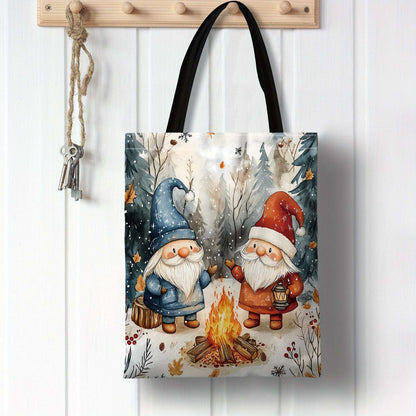 Christmas Themed Polyester Tote Bag Two Gnomes Design, Durable Shoulder Bag for Shopping Shoulder Bag Festive Handbag Casual Use