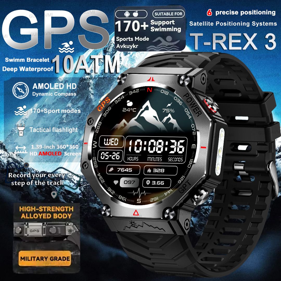2025 Novo Smartwatch T-Rex 3 Ultra GPS Masculino 10ATM IP68 À Prova D'água GNSS de Banda Dupla Integrado Bússola Smartwatch Esportivo Militar