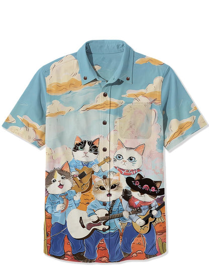 Men's Shirt Summer Casual Fashion Short Sleeve 3D Printed Denim Red Kitten Print Men's Hawaiian Lapel Single Breasted Shirt