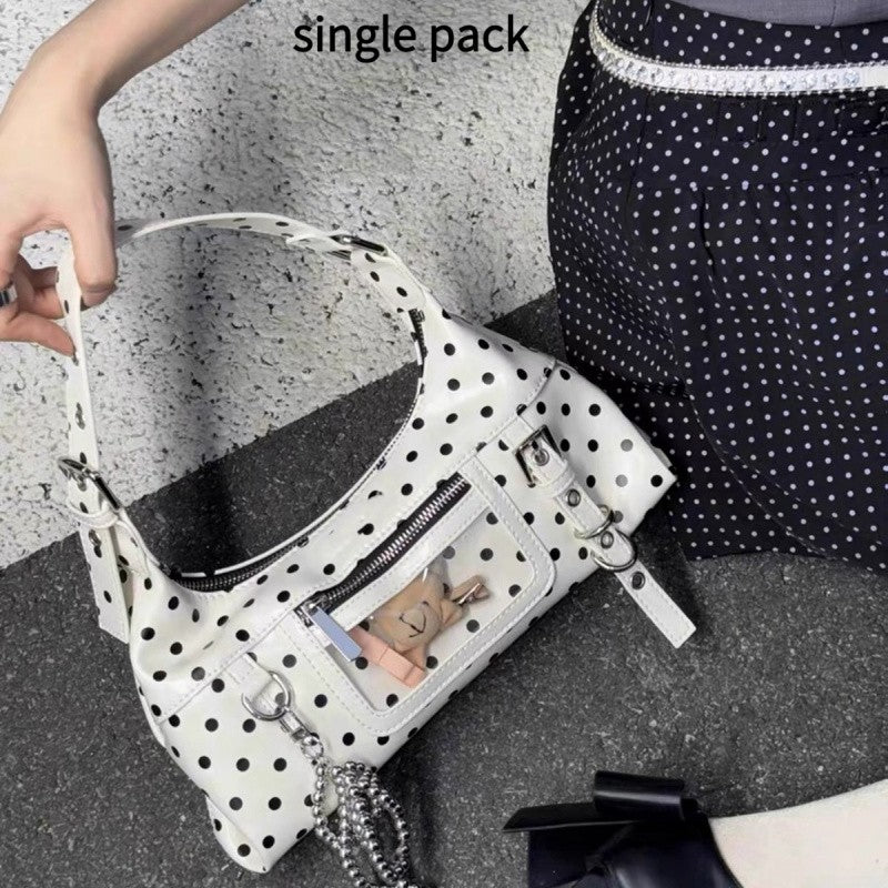 Retro oil wax leather crossbody bag, contrasting polka dot mini armpit bag, girls' shoulder bag