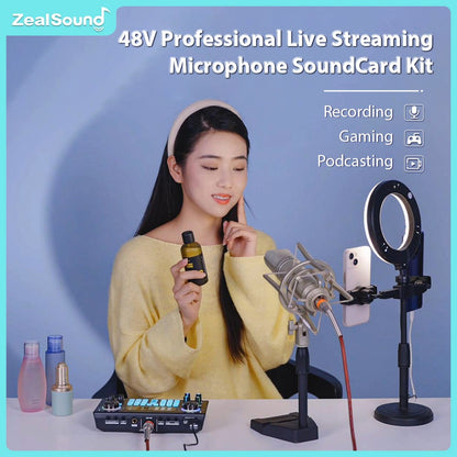 Pacote de equipamentos profissionais Zealsound para podcast e placa de som ao vivo com microfone XLR 48V para gravação em PC, canto, streaming e jogos