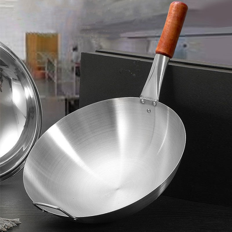 Wok de Aço Inoxidável com Cabo de Faia Anti-Queimadura Fundo Redondo Utensílio de Cozinha para Fogões a Gás 32cm