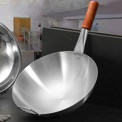 Wok de Aço Inoxidável com Cabo de Faia Anti-Queimadura Fundo Redondo Utensílio de Cozinha para Fogões a Gás 32cm