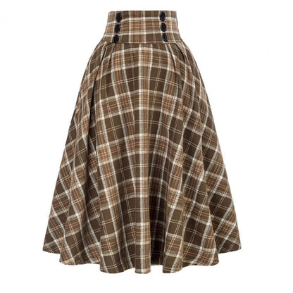 Women Skirt Elastic Waist Big Hem A-line Colorblock Plaid Print Loose Fit Skirt Ankle Length Pockets Retro Lady Maxi Skirt