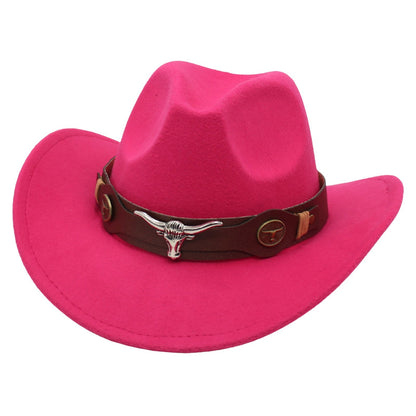 New Felt Western Cowboy Hat Ox Head Accessories Ethnic Style Roll Brim Cowgirl Cap with Cow Band Soft Jazz Fedora Hats Men