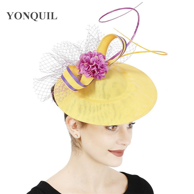 Novo Design Amarelo Com Cabelo Roxo Fascinator Chapéu Tiara Nupcial Casamento Festa Adereço de Cabelo Malha Senhoras Ocasião Acessórios de Cabelo