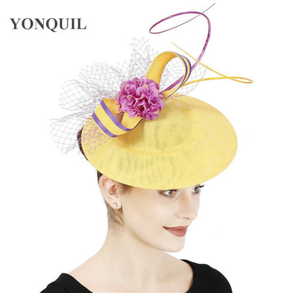 Novo Design Amarelo Com Cabelo Roxo Fascinator Chapéu Tiara Nupcial Casamento Festa Adereço de Cabelo Malha Senhoras Ocasião Acessórios de Cabelo
