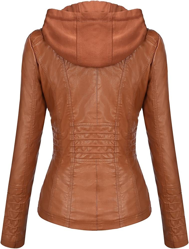 Hooded Leather Jacket Two-Piece Set Removable Large Size Leather Jacket for Women Spring & Fall Outwear for Women Pu Washed Leather