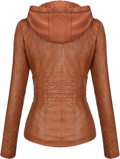 Hooded Leather Jacket Two-Piece Set Removable Large Size Leather Jacket for Women Spring & Fall Outwear for Women Pu Washed Leather