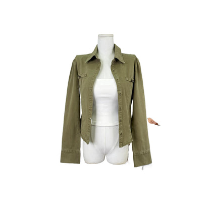 Vintage Distressed Denim Shirt Women's Top Shoulder Flip Collar Long Sleeve V-neck Coat Autumn Initial Old Money Style