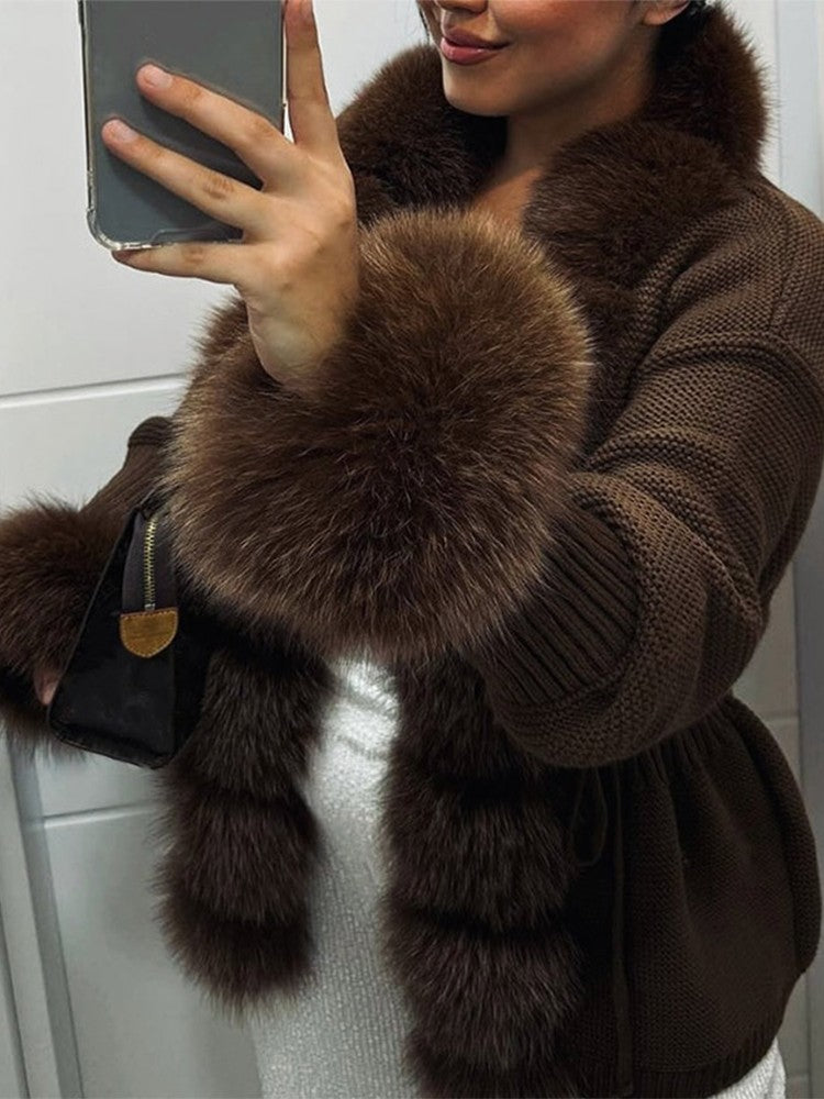 Elegant Knitted Faux Fur Patchwork Women's Coat Thicken Lady Coats 2025 Autumn Winter Chic Female Street Warm Outerwears