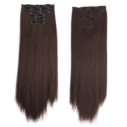 16 Presilhas em Extensões de Cabelo 60cm de Comprimento Liso Sintético Loiro Preto Peças de Cabelo Resistente ao Calor Cabelo Falso 6 Peças/Conjunto