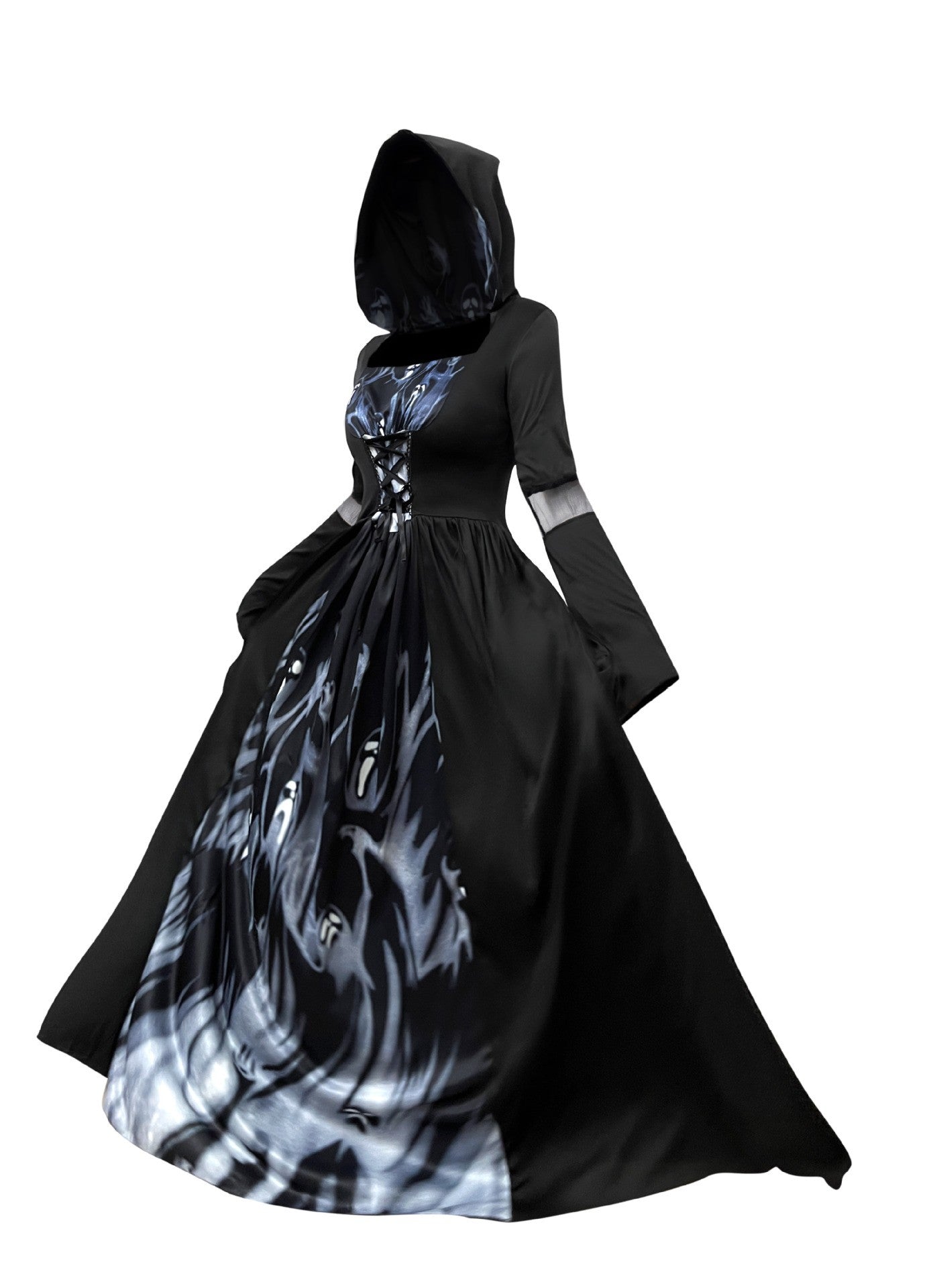 Halloween Witch Dress Gothic Vintage Dark-Style Hooded Vampire Dresses Bell Sleeves Full Skirt Waist Cinched Festival Party Gown