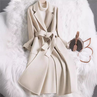 Novo estilo de casaco feminino de lã bege slim fit para outono e inverno, moda japonesa e coreana