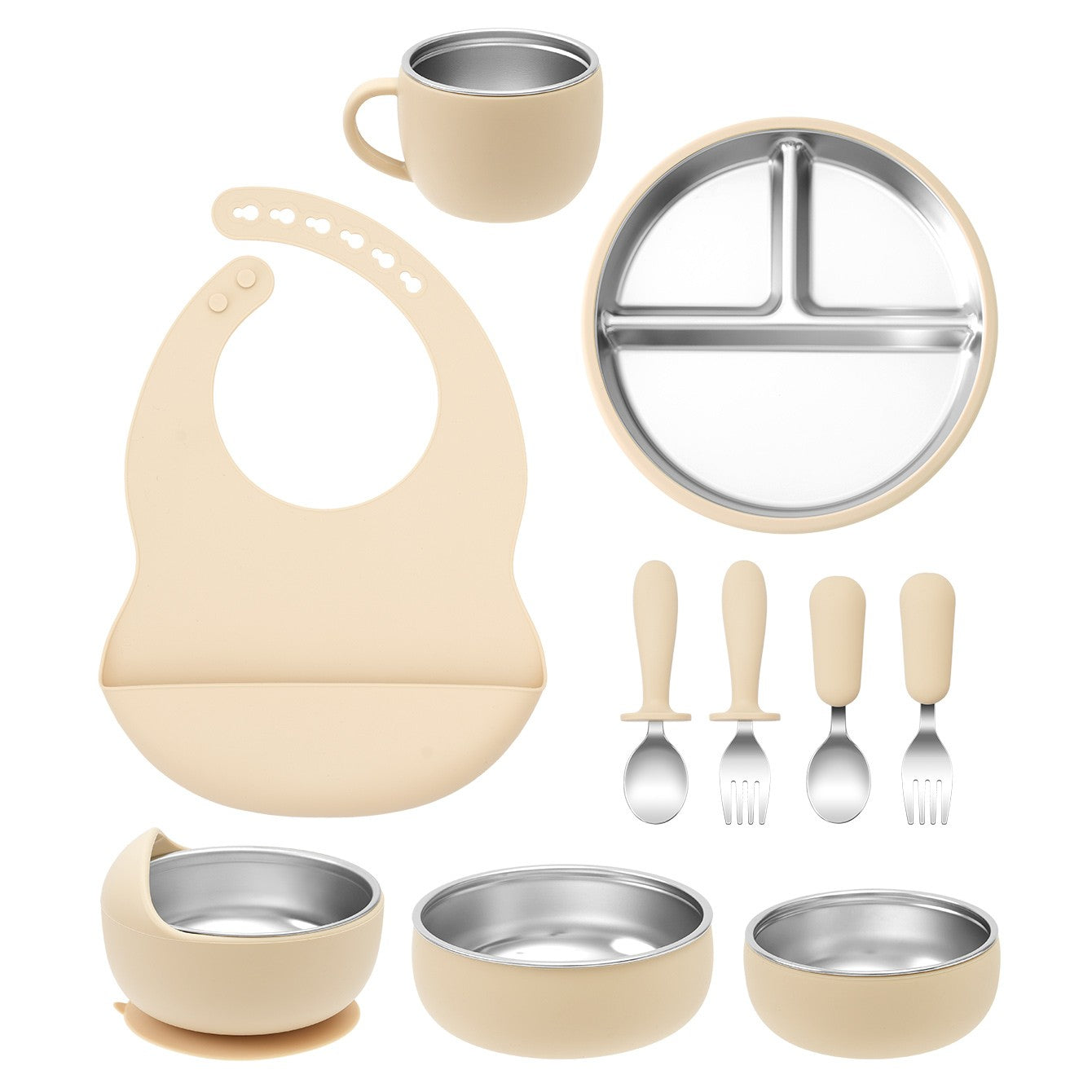 Color Kids 10PCS Infant Feeding Set Stainless Steel Silicone Tableware With Detachable Bowl Plate Bib Weaning Utensils For Baby