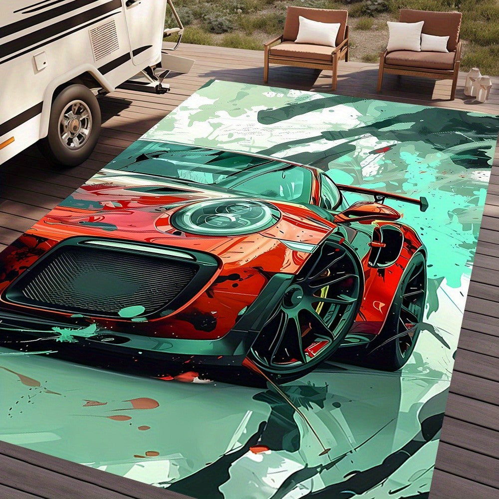 Vibrant Red Sports Car Racing Design Area Rug - For RV, Living Room, Bedroom, Picnic & Home Decor, Floor Mat