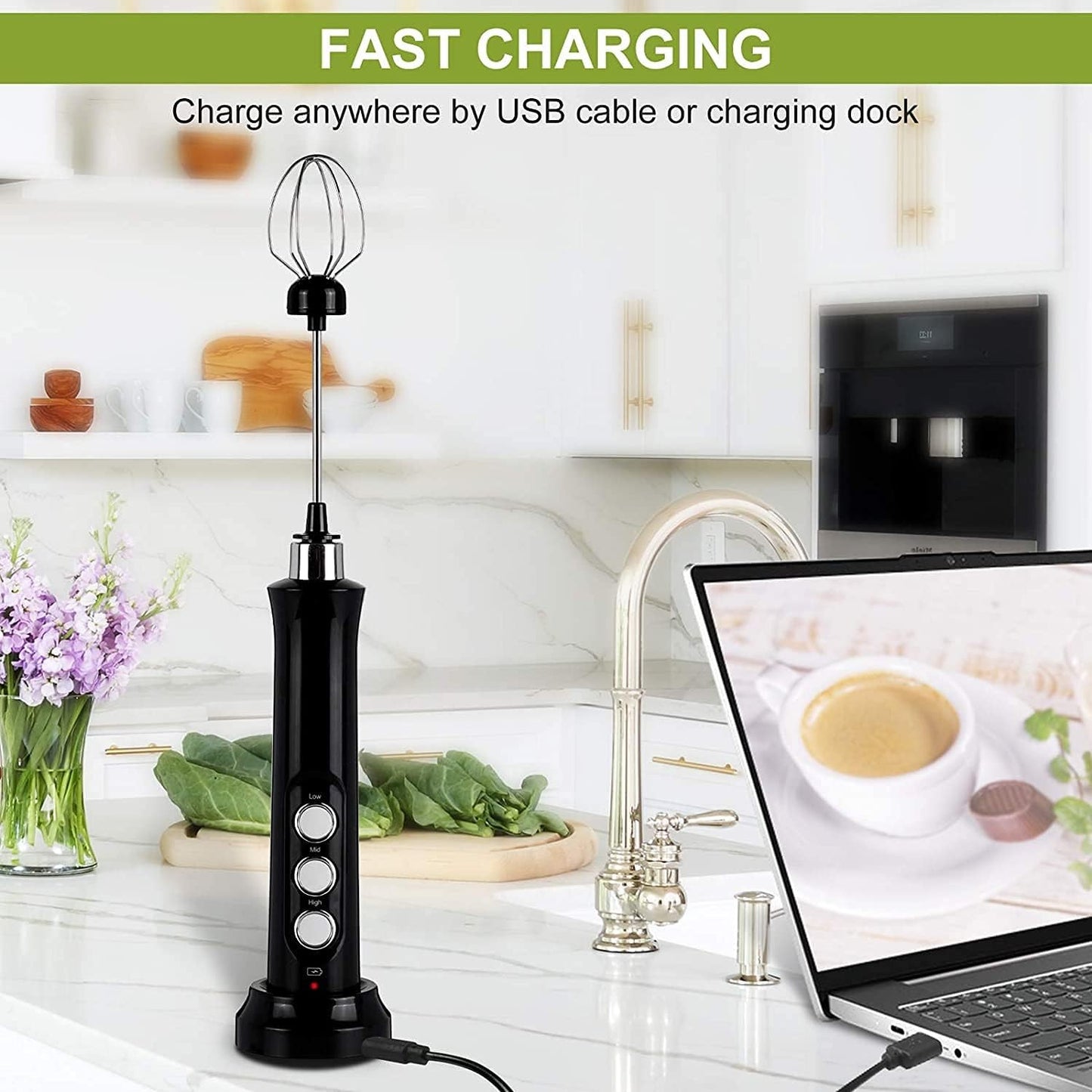 Espumador de Leite Elétrico Sem Fio Recarregável - 3 Velocidades, Batedor de Espuma Portátil para Latte, Cappuccino, Chocolate Quente - Recarregável por USB