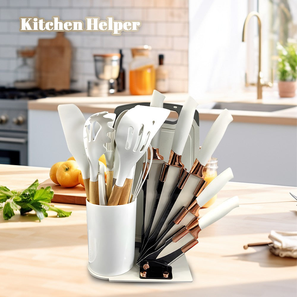 MDHAND Kit de Utensílios de Cozinha de Silicone Resistente ao Calor com 20 Peças, com Cabos de Madeira, Facas, Colher de Sopa com Tesouras, Cozinhe Sem Complicações