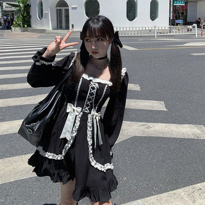 Harajuku Sweet Bow Black Plaid Dresses All-match Slim Fit Kawaii Lolita Dress fo