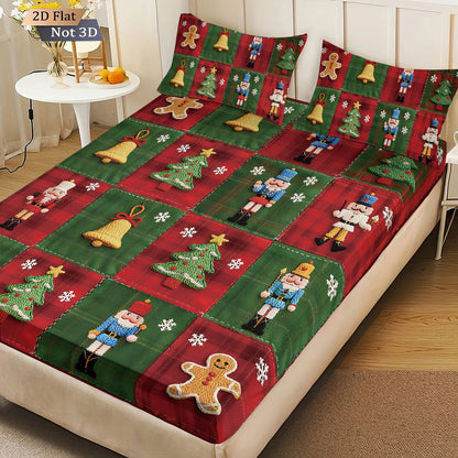 Conjunto de 3 peças de lençol sem elástico com estampa de Natal e emenda de tecido, vários tamanhos, colcha macia, decoração de quarto, lavável à máquina