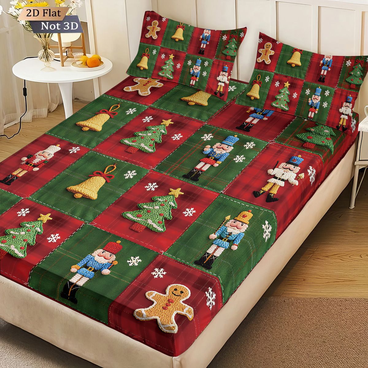 Conjunto de 3 peças de lençol sem elástico com estampa de Natal e emenda de tecido, vários tamanhos, colcha macia, decoração de quarto, lavável à máquina