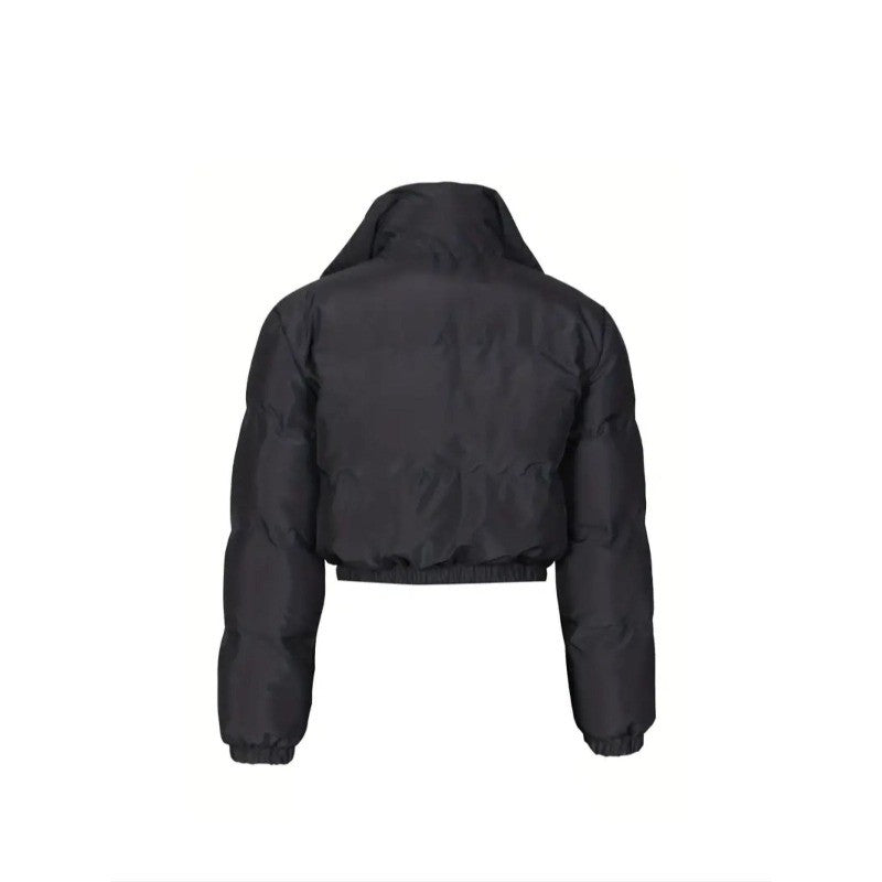 New Women Patchwork Puffer Parka Outwear Solid Color Winter Warm Zipper Crop Top