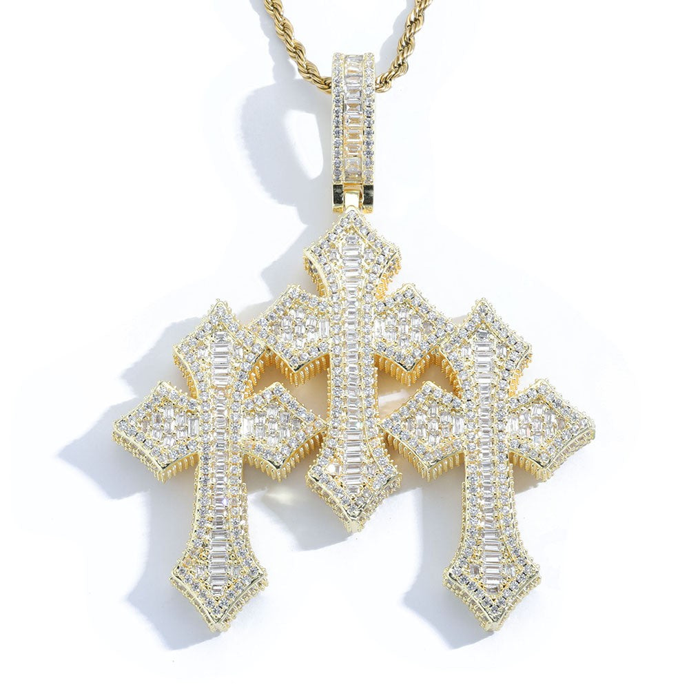 High Quality 3Inch Mens Hip Hop Cross Pendant New Release Iced out Triple Cross with Stone Charm Necklace Made Brass