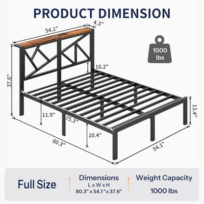 Full Size Metal Bed Frame with LED Lights, Storage Headboard with Charging Station, Modern Full Platform Bed with Heavy