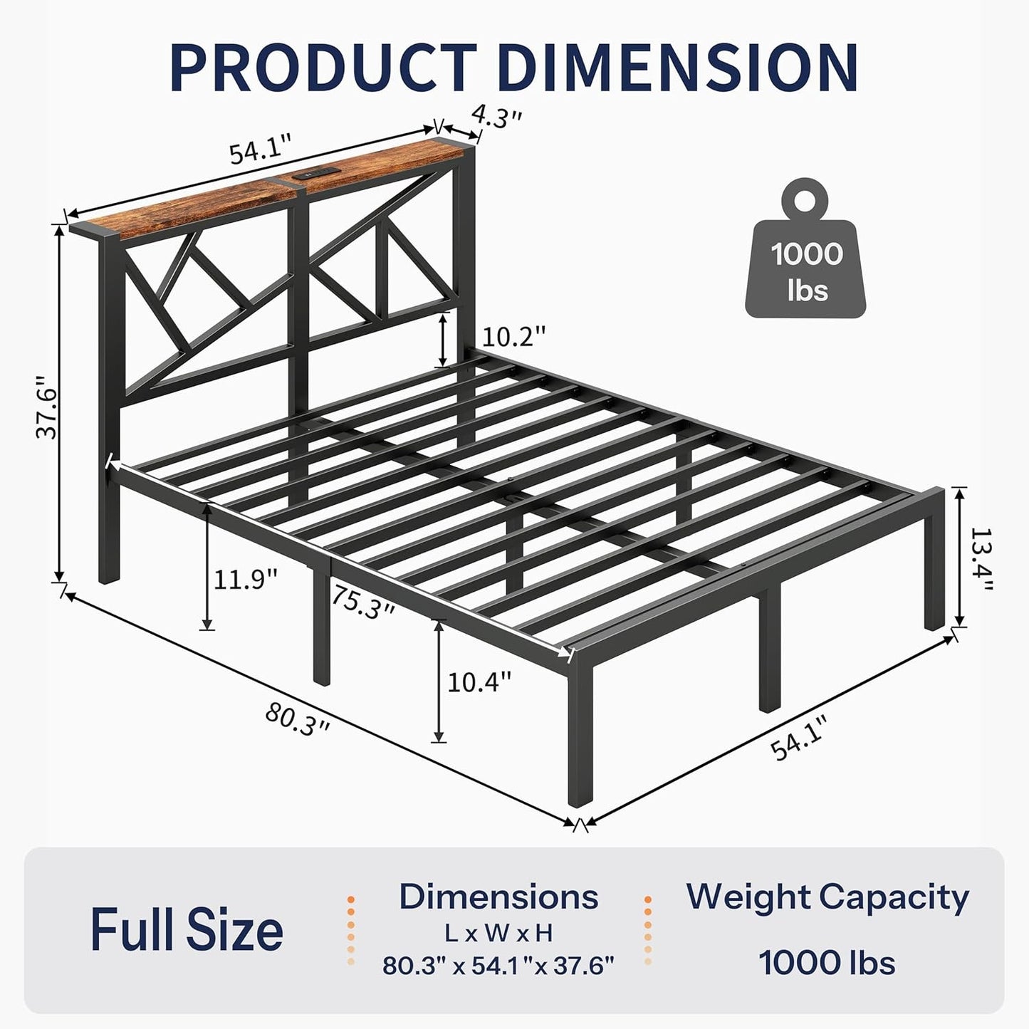 Full Size Metal Bed Frame with LED Lights, Storage Headboard with Charging Station, Modern Full Platform Bed with Heavy