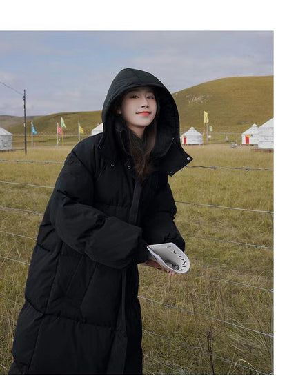 Long Thickened Down Cotton Bread Style Coat Women's Winter 2025 Outerwear Korean Loose Long Knee Length Solid Hooded Jacket