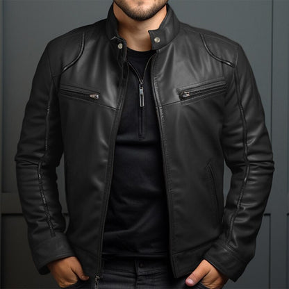 New Men's Business Leather Jacket for Autumn and Winter, Fashionable Stand Up Collar Casual Leather Jacket for Men