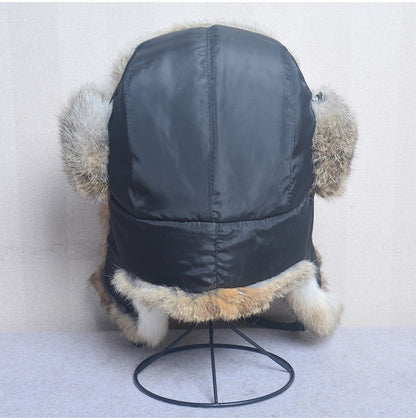 New Russia Winter Real fur Hat Men Outdoor Windproof Super Warm Real Rabbit Fur Bomber Hats Natural Soft Natural Rabbit Fur Caps