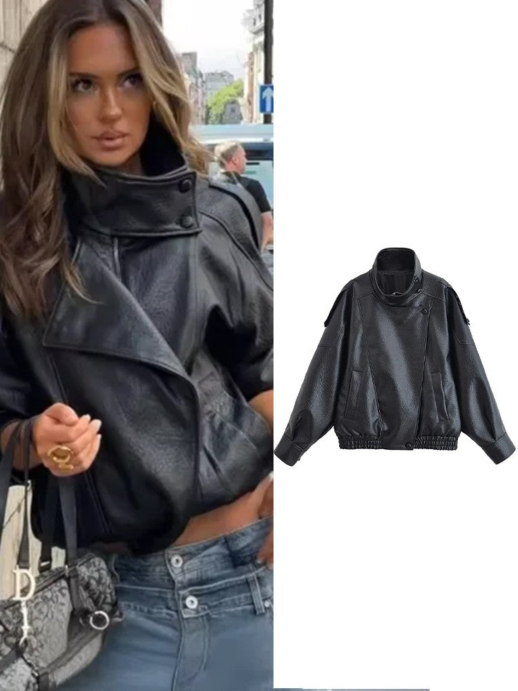 Vintage Women's Black Leather Jacket Long Sleeve Stand Collar Motorcycle Thick Coat Female 2025 Autumn Winter Lady Streetwear