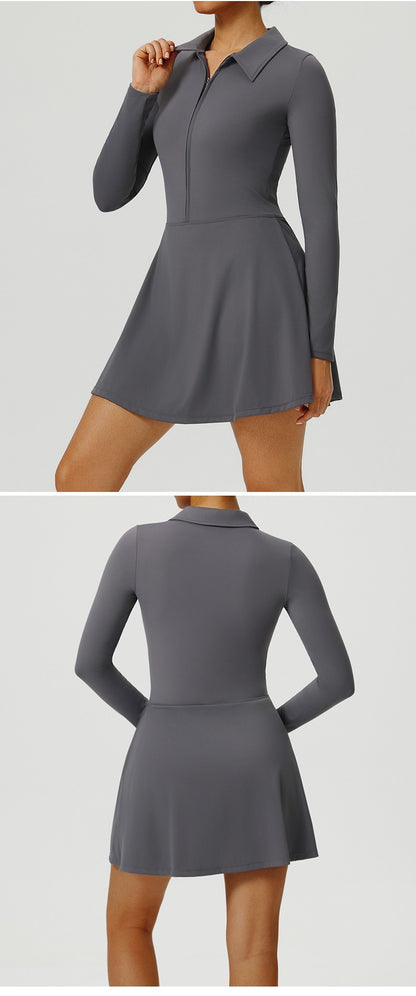 Yoga Long Sleeved Dress Women's Long Sleeved Zipper Skirt Breathable Gym Outdoor Running Yoga Tennis Skirt Quick-Dry Tracksuits.
