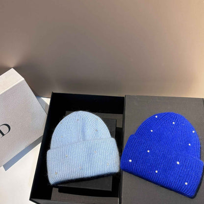 Rhinestone Decor Rabbit Fur Knitted Hat Warm Ear Flap Beanie for Women Luxury Soft Slouchy Cap Face Slimming Design