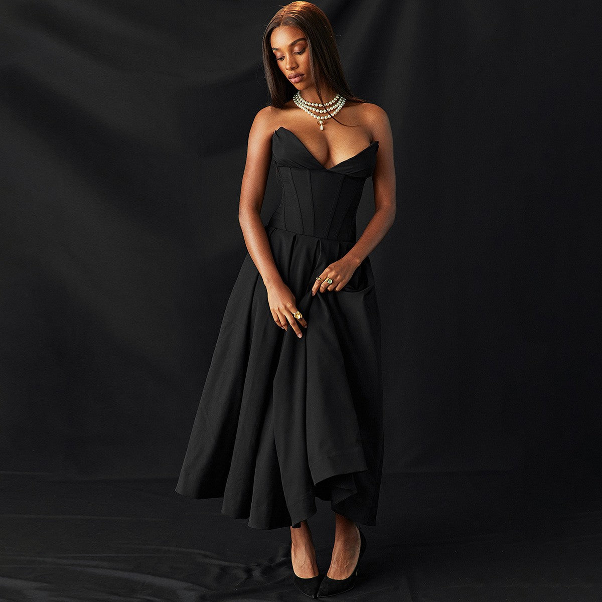 Suninheart Black Elegant Wedding Events Dress Sexy Strapless Corset Dress Midi C