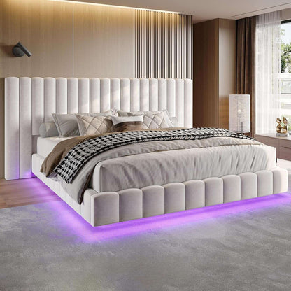 Cama Queen com Luzes de LED e Cabeceira Estofada Grande, Plataforma Moderna de Veludo com Design Flutuante, Não Precisa de Box