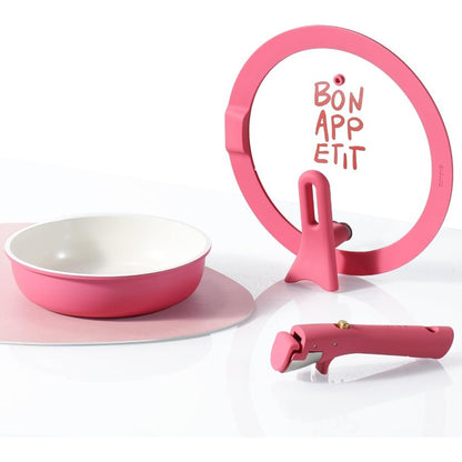 Pink Ceramic Pots and Pans Set with Lid Detachable Handle Saute Pan Set Non Stick Non Toxic Frying Pan Oven Safe and Induction