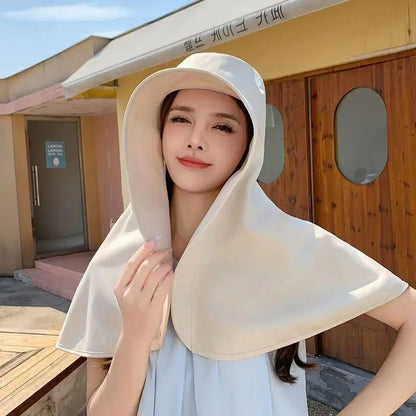 Women Summer Sun Hat with Wide Brim UV Protection, Ponytail Design Neck Shawl for Outdoor Fishing Hiking