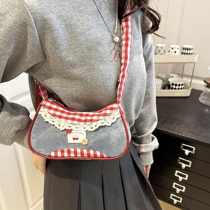 New Cute Checkered Handbags Sweet Lace Underarm Bag Bowknot Armpit Shoulder Crossbody Bag Y2k Fashion Casual Shoulder Bag