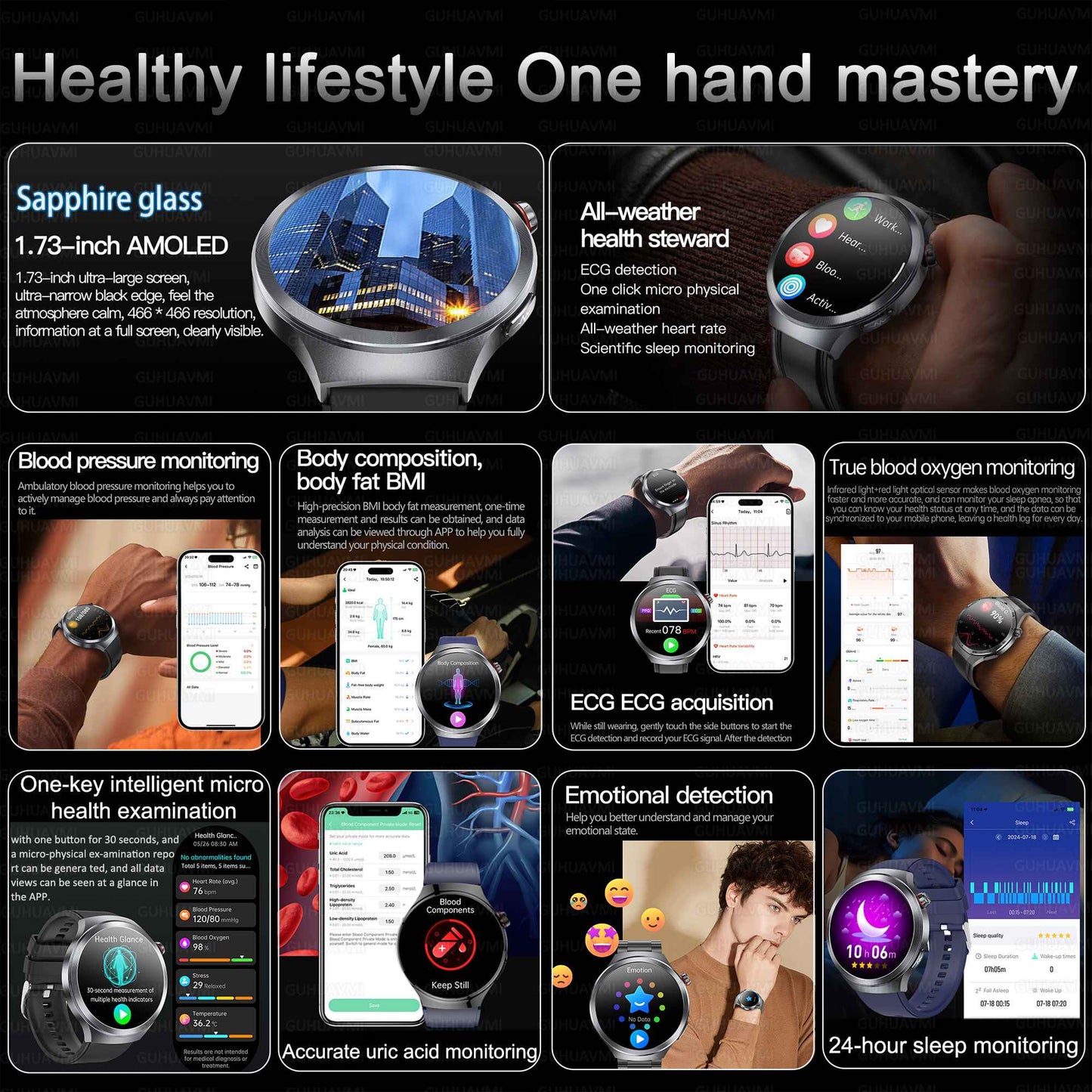 Relógio Inteligente Smartwatch Masculino 2026 Health Tracker com Safira e Medição de Ácido Úrico, Gordura Sanguínea, Pressão Arterial e ECG+PPG com Análise Corporal