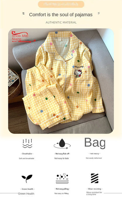 M-5XL Hello Kitty Pajama Set for Women Fall Winter Cute Plus Size Sleepwear Ladies Comfortable Loungewear Women's Home Clothes