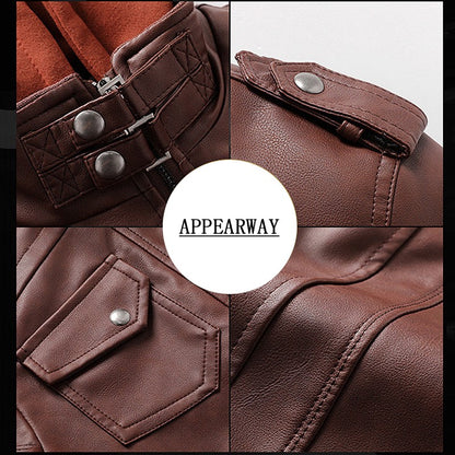 APPEARWAY Spring Antumn Men Brown Leather Motorcycle Jacket With Removable Hooded Male PU Jacket Coat EU Size High Quality